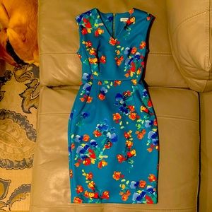 Calvin Klein teal sleeveless midi dress with flowers, size 6